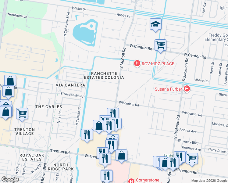 map of restaurants, bars, coffee shops, grocery stores, and more near 3309 South McColl Road in Edinburg
