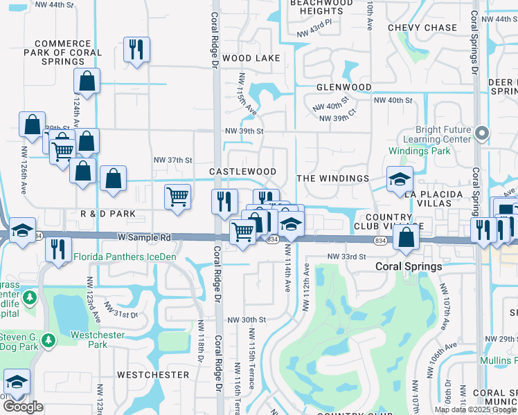 map of restaurants, bars, coffee shops, grocery stores, and more near 3501 Northwest 114th Lane in Coral Springs