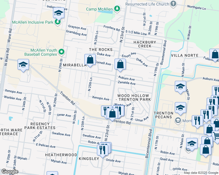 map of restaurants, bars, coffee shops, grocery stores, and more near 7609 North 23rd Street in McAllen