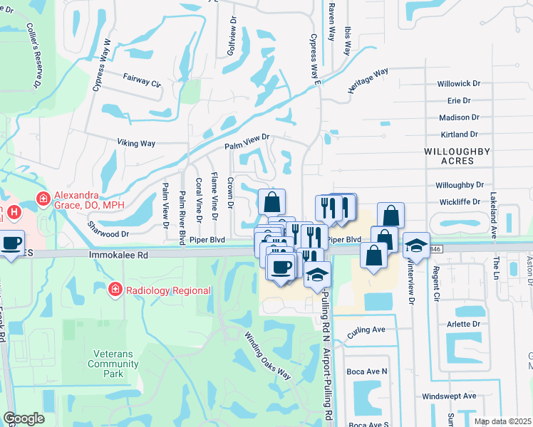 map of restaurants, bars, coffee shops, grocery stores, and more near 133 Wading Bird Circle in Naples