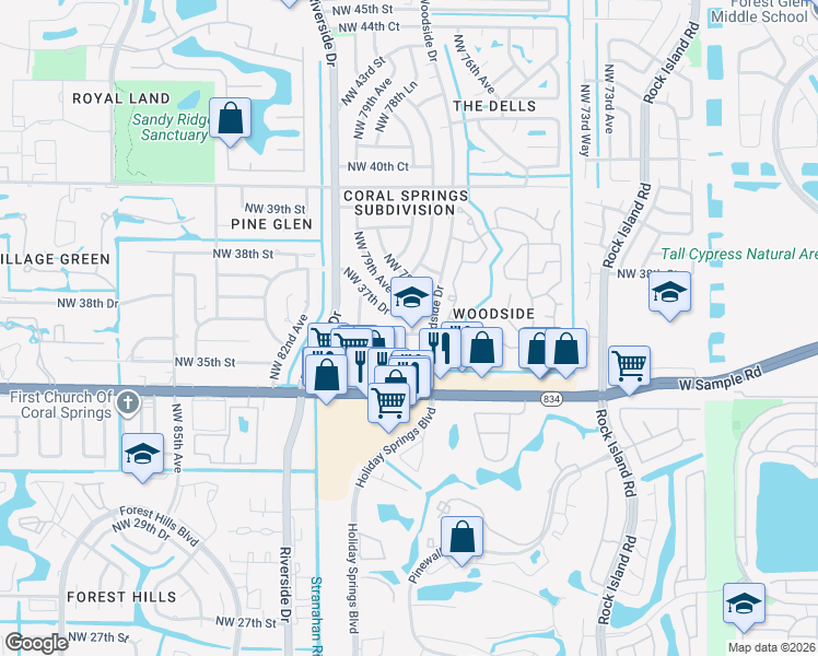 map of restaurants, bars, coffee shops, grocery stores, and more near 7800 Northwest 35th Court in Coral Springs
