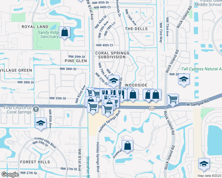 map of restaurants, bars, coffee shops, grocery stores, and more near 7800 Northwest 35th Court in Coral Springs