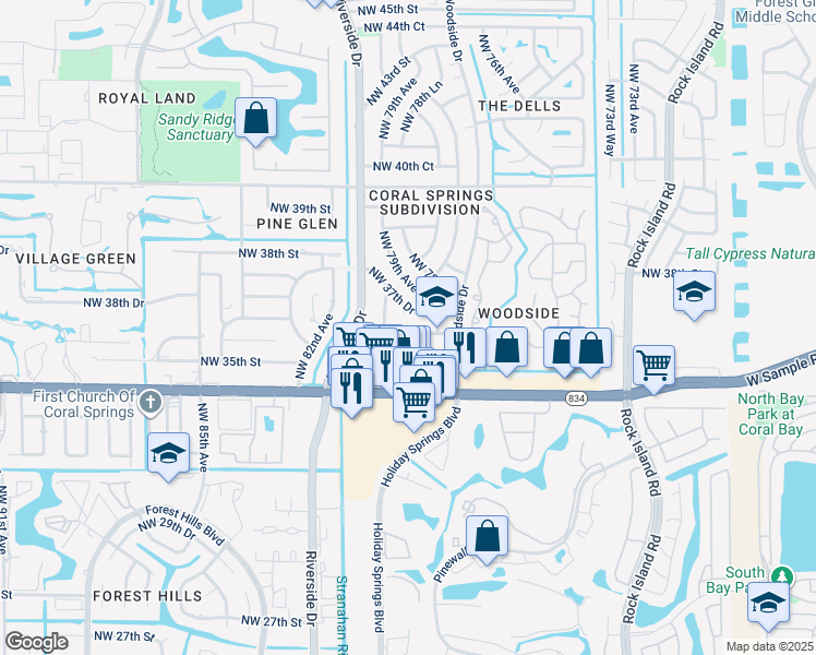 map of restaurants, bars, coffee shops, grocery stores, and more near 7973 Northwest 35th Court in Coral Springs