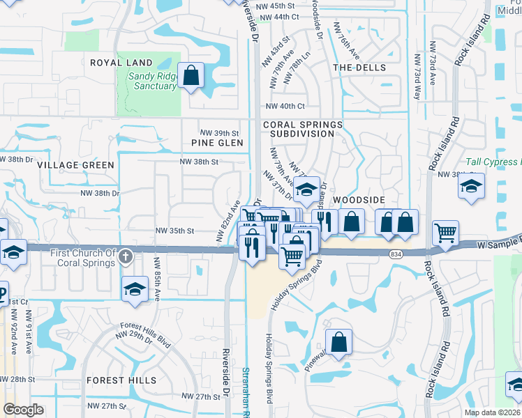 map of restaurants, bars, coffee shops, grocery stores, and more near 3600 Northwest 81st Avenue in Coral Springs