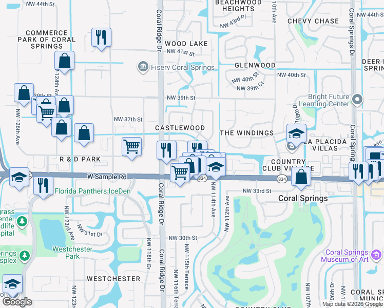 map of restaurants, bars, coffee shops, grocery stores, and more near 3501 Northwest 114th Lane in Coral Springs