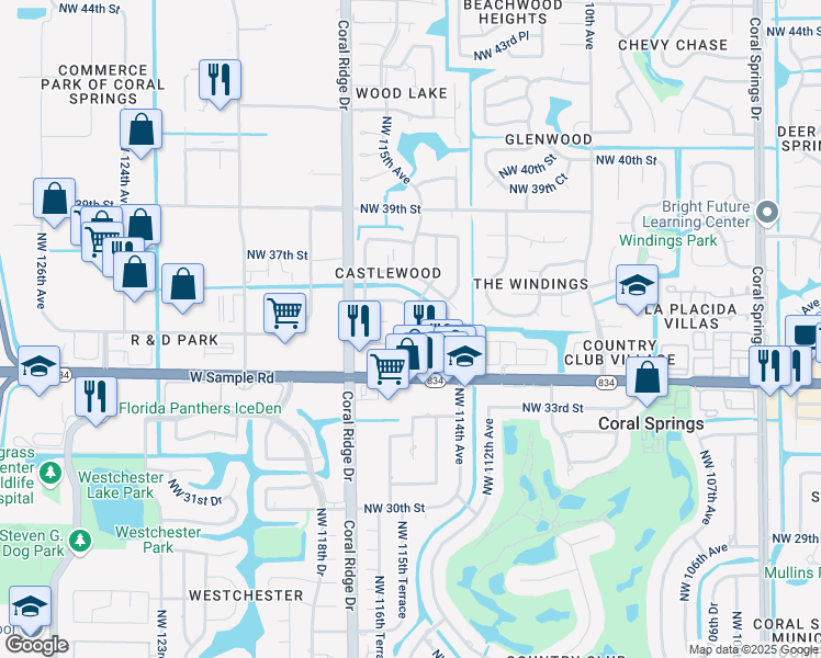 map of restaurants, bars, coffee shops, grocery stores, and more near 3501 Northwest 114th Lane in Coral Springs