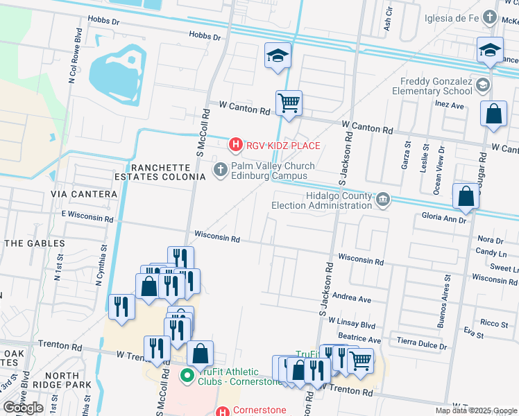 map of restaurants, bars, coffee shops, grocery stores, and more near 2415 West Wisconsin Road in Edinburg