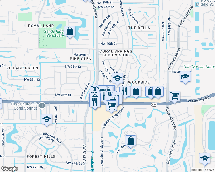 map of restaurants, bars, coffee shops, grocery stores, and more near 7973 Northwest 35th Court in Coral Springs