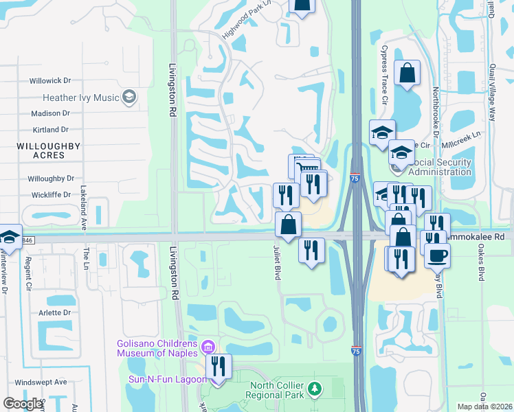 map of restaurants, bars, coffee shops, grocery stores, and more near 5070 Cedar Springs Drive in Naples