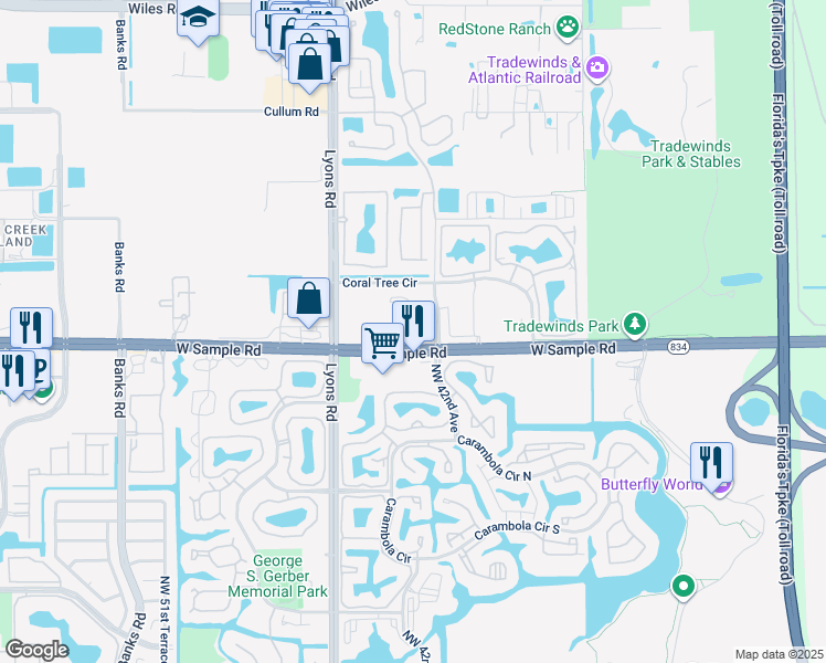 map of restaurants, bars, coffee shops, grocery stores, and more near 4351 Florida 834 in Coconut Creek