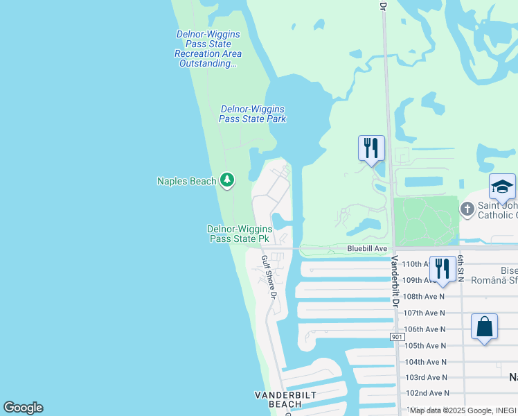 map of restaurants, bars, coffee shops, grocery stores, and more near 3 Bluebill Avenue in Naples