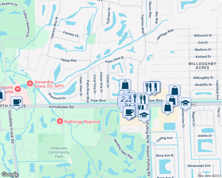 map of restaurants, bars, coffee shops, grocery stores, and more near 105 Wading Bird Circle in Naples