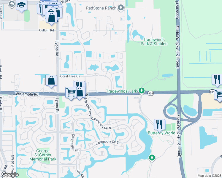 map of restaurants, bars, coffee shops, grocery stores, and more near 44 Coraltree Terrace in Coconut Creek