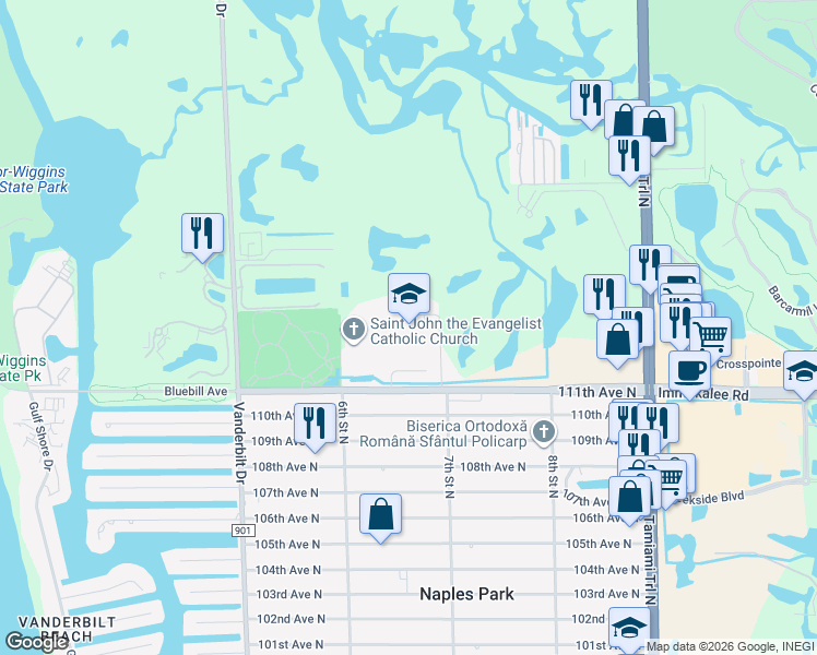 map of restaurants, bars, coffee shops, grocery stores, and more near 685 111th Avenue North in Naples