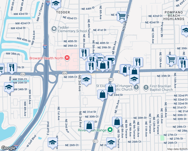map of restaurants, bars, coffee shops, grocery stores, and more near 500 Northeast 35th Street in Pompano Beach