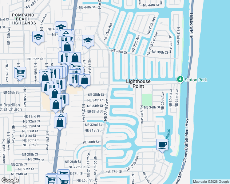 map of restaurants, bars, coffee shops, grocery stores, and more near 2311 Northeast 35th Street in Lighthouse Point