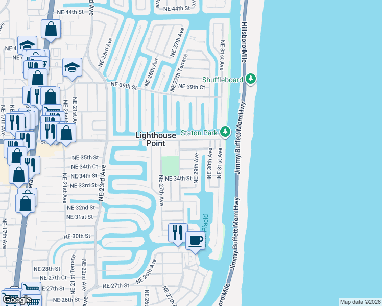 map of restaurants, bars, coffee shops, grocery stores, and more near 2816 Northeast 35th Street in Lighthouse Point