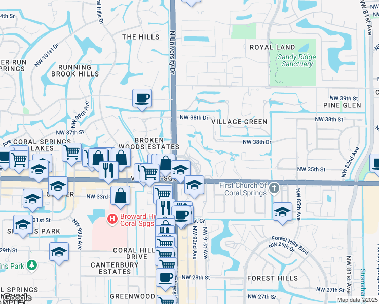 map of restaurants, bars, coffee shops, grocery stores, and more near 3535 Broken Woods Drive in Coral Springs