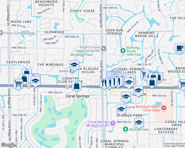 map of restaurants, bars, coffee shops, grocery stores, and more near 3664 Coral Springs Drive in Coral Springs