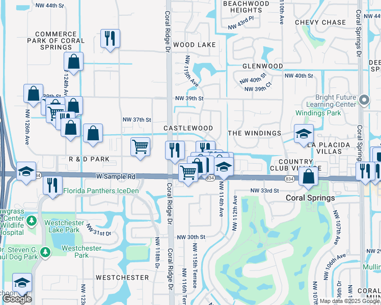 map of restaurants, bars, coffee shops, grocery stores, and more near 3501 Northwest 114th Lane in Coral Springs