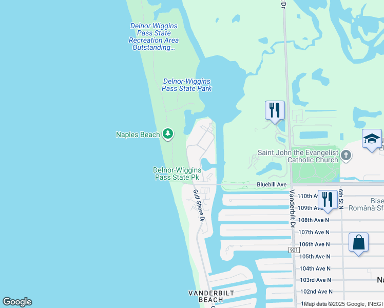 map of restaurants, bars, coffee shops, grocery stores, and more near 3 Bluebill Avenue in Naples