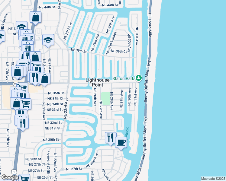 map of restaurants, bars, coffee shops, grocery stores, and more near 2816 Northeast 35th Street in Lighthouse Point