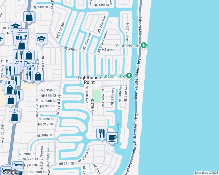 map of restaurants, bars, coffee shops, grocery stores, and more near 2816 Northeast 35th Street in Lighthouse Point