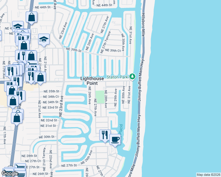 map of restaurants, bars, coffee shops, grocery stores, and more near 2846 Northeast 35th Court in Lighthouse Point