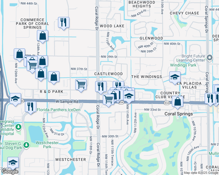 map of restaurants, bars, coffee shops, grocery stores, and more near 3501 Northwest 114th Lane in Coral Springs