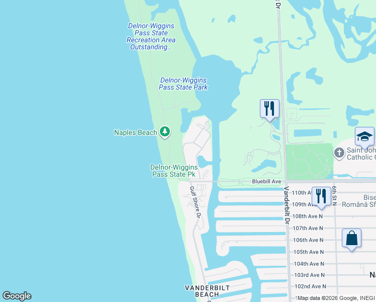 map of restaurants, bars, coffee shops, grocery stores, and more near 5 Bluebill Avenue in Naples