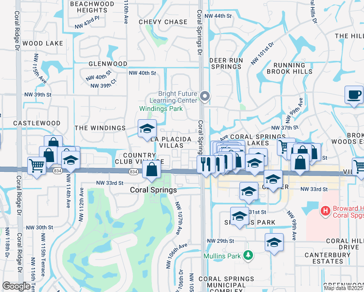 map of restaurants, bars, coffee shops, grocery stores, and more near 3664 Coral Springs Drive in Coral Springs