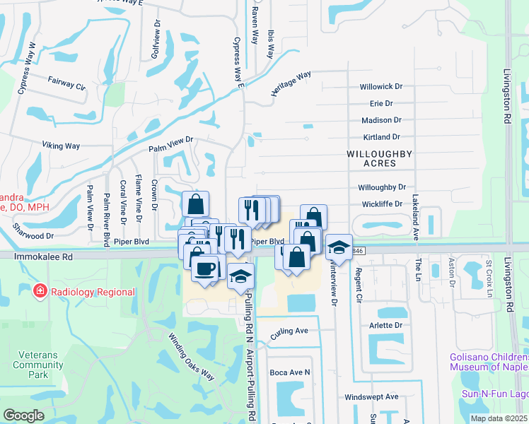 map of restaurants, bars, coffee shops, grocery stores, and more near 1205 Piper Boulevard in Naples