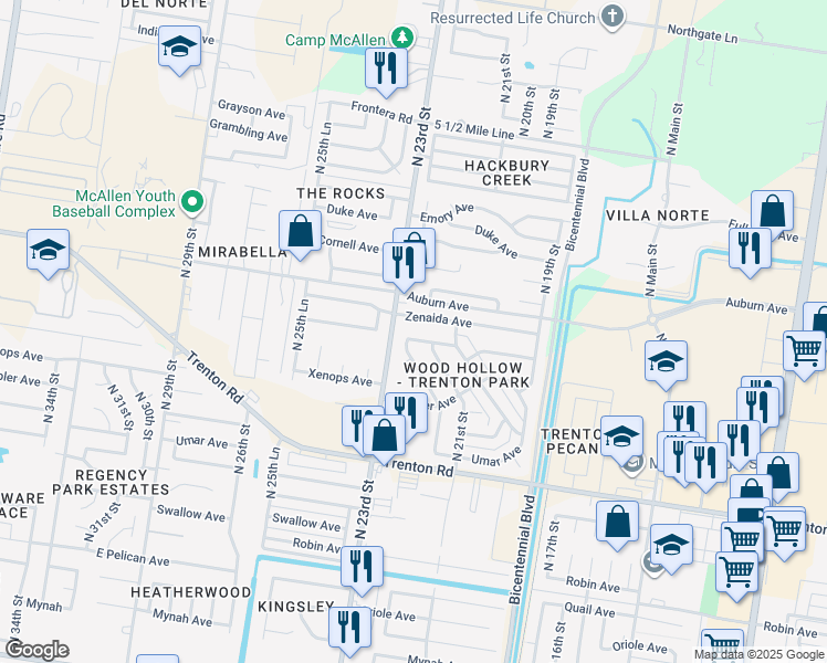 map of restaurants, bars, coffee shops, grocery stores, and more near 2204 Xenops Court in McAllen