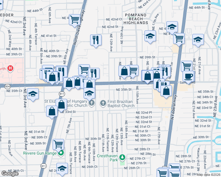 map of restaurants, bars, coffee shops, grocery stores, and more near 3441 Northeast 12th Avenue in Pompano Beach