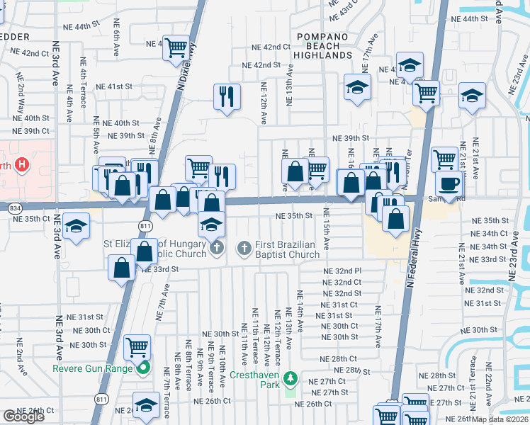 map of restaurants, bars, coffee shops, grocery stores, and more near 3441 Northeast 12th Avenue in Pompano Beach