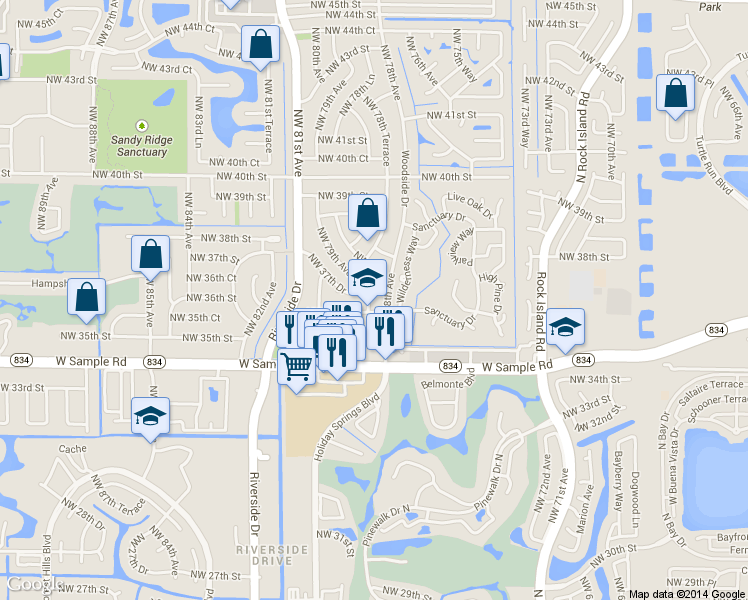 map of restaurants, bars, coffee shops, grocery stores, and more near 7800 Northwest 35th Court in Coral Springs