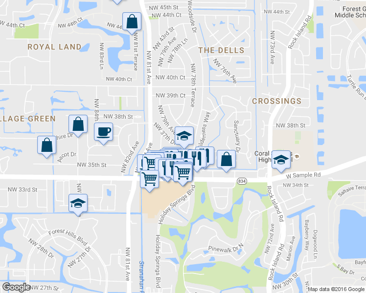 map of restaurants, bars, coffee shops, grocery stores, and more near 7800 Northwest 35th Court in Coral Springs
