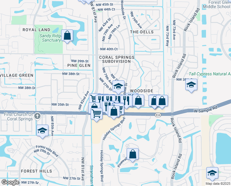 map of restaurants, bars, coffee shops, grocery stores, and more near 7800 Northwest 35th Court in Coral Springs