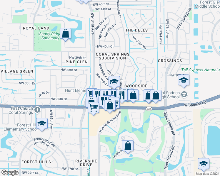 map of restaurants, bars, coffee shops, grocery stores, and more near 7800 Northwest 35th Court in Coral Springs