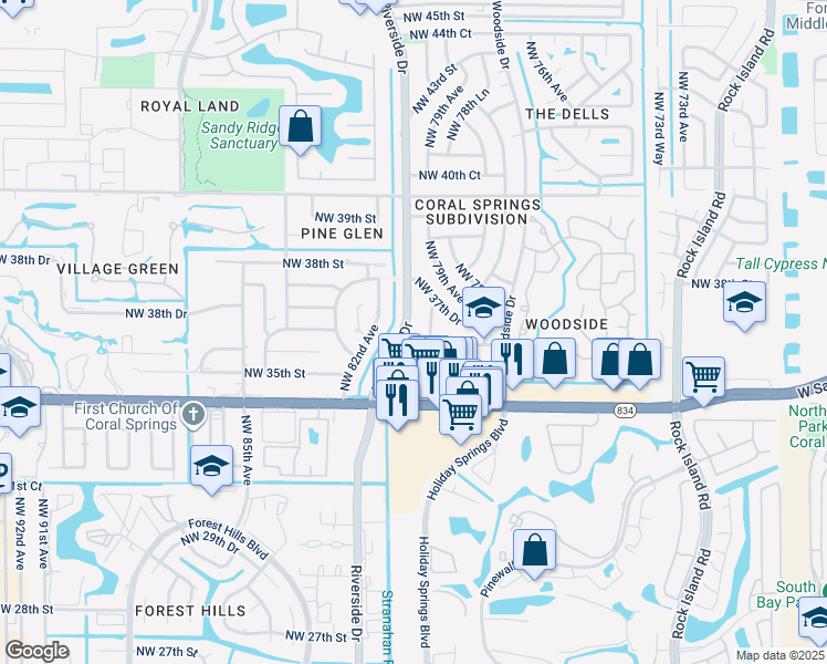 map of restaurants, bars, coffee shops, grocery stores, and more near 3600 Northwest 81st Avenue in Coral Springs