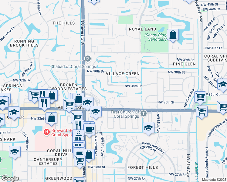 map of restaurants, bars, coffee shops, grocery stores, and more near 9067 Thunderbird Drive in Coral Springs