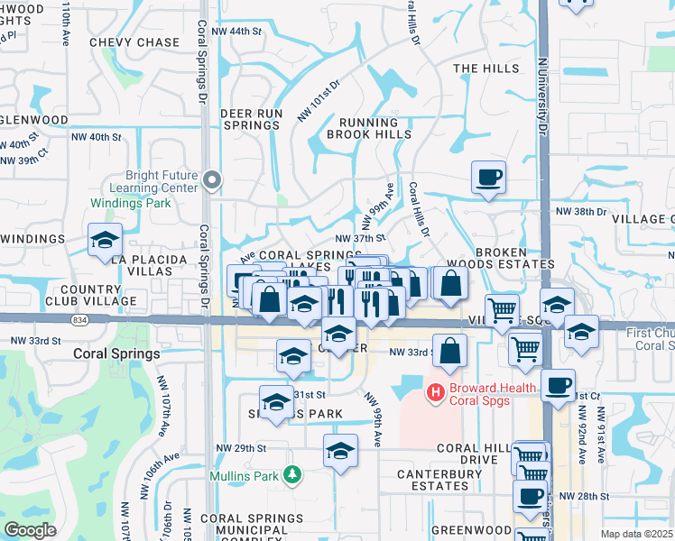 map of restaurants, bars, coffee shops, grocery stores, and more near 10071 Northwest 35th Street in Coral Springs