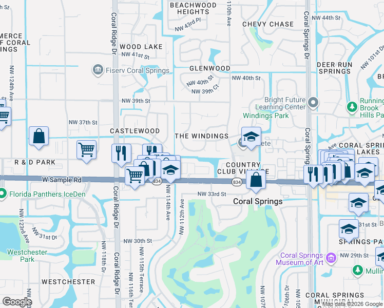 map of restaurants, bars, coffee shops, grocery stores, and more near 11155 Northwest 34th Place in Coral Springs