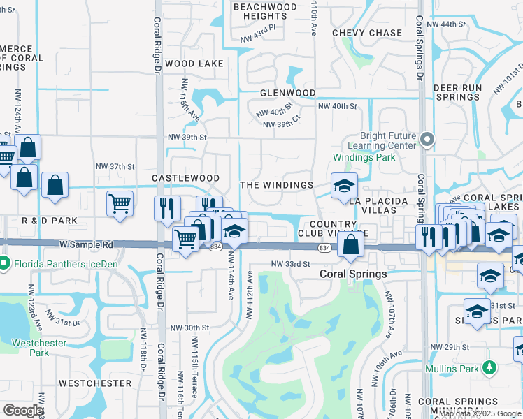 map of restaurants, bars, coffee shops, grocery stores, and more near 3457 Northwest 112th Way in Coral Springs