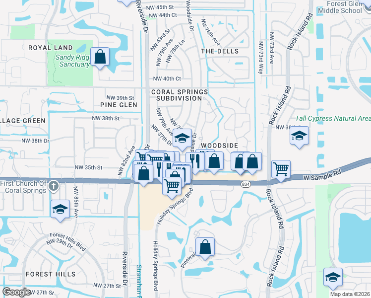 map of restaurants, bars, coffee shops, grocery stores, and more near 7800 Northwest 35th Court in Coral Springs