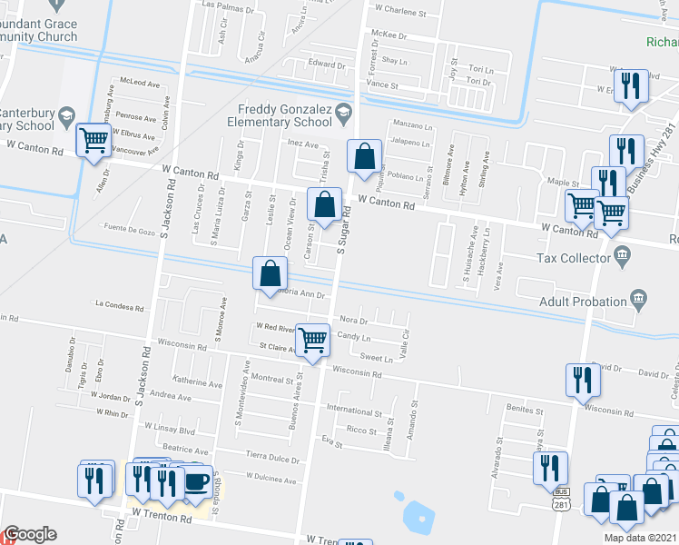 map of restaurants, bars, coffee shops, grocery stores, and more near 3120 Sugar Road in Edinburg