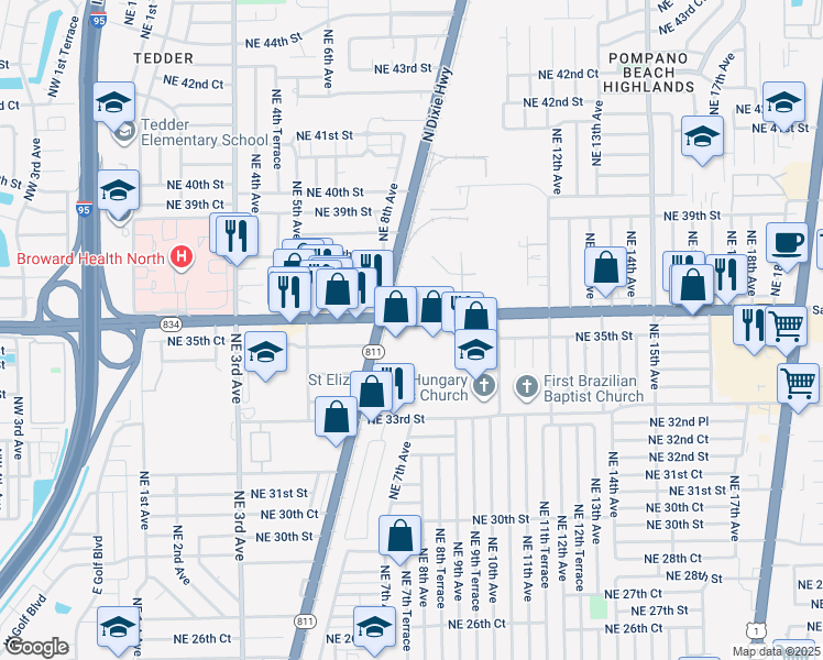 map of restaurants, bars, coffee shops, grocery stores, and more near 801 Florida 834 in Pompano Beach