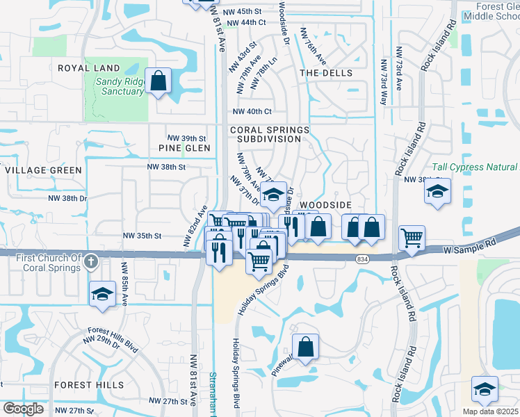 map of restaurants, bars, coffee shops, grocery stores, and more near 7951 Northwest 37th Drive in Coral Springs