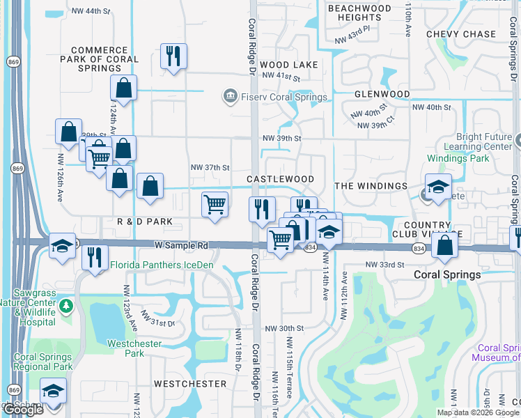 map of restaurants, bars, coffee shops, grocery stores, and more near 11627 Northwest 36th Street in Coral Springs