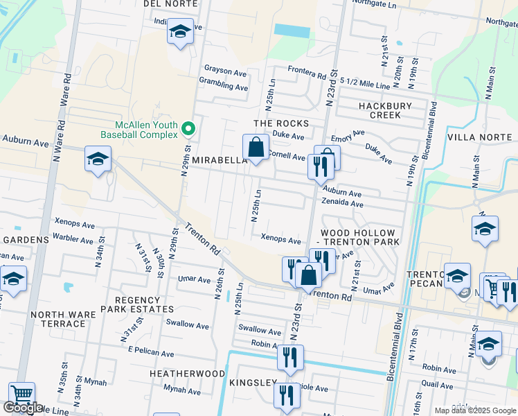 map of restaurants, bars, coffee shops, grocery stores, and more near 2513 Zenaida Avenue in McAllen